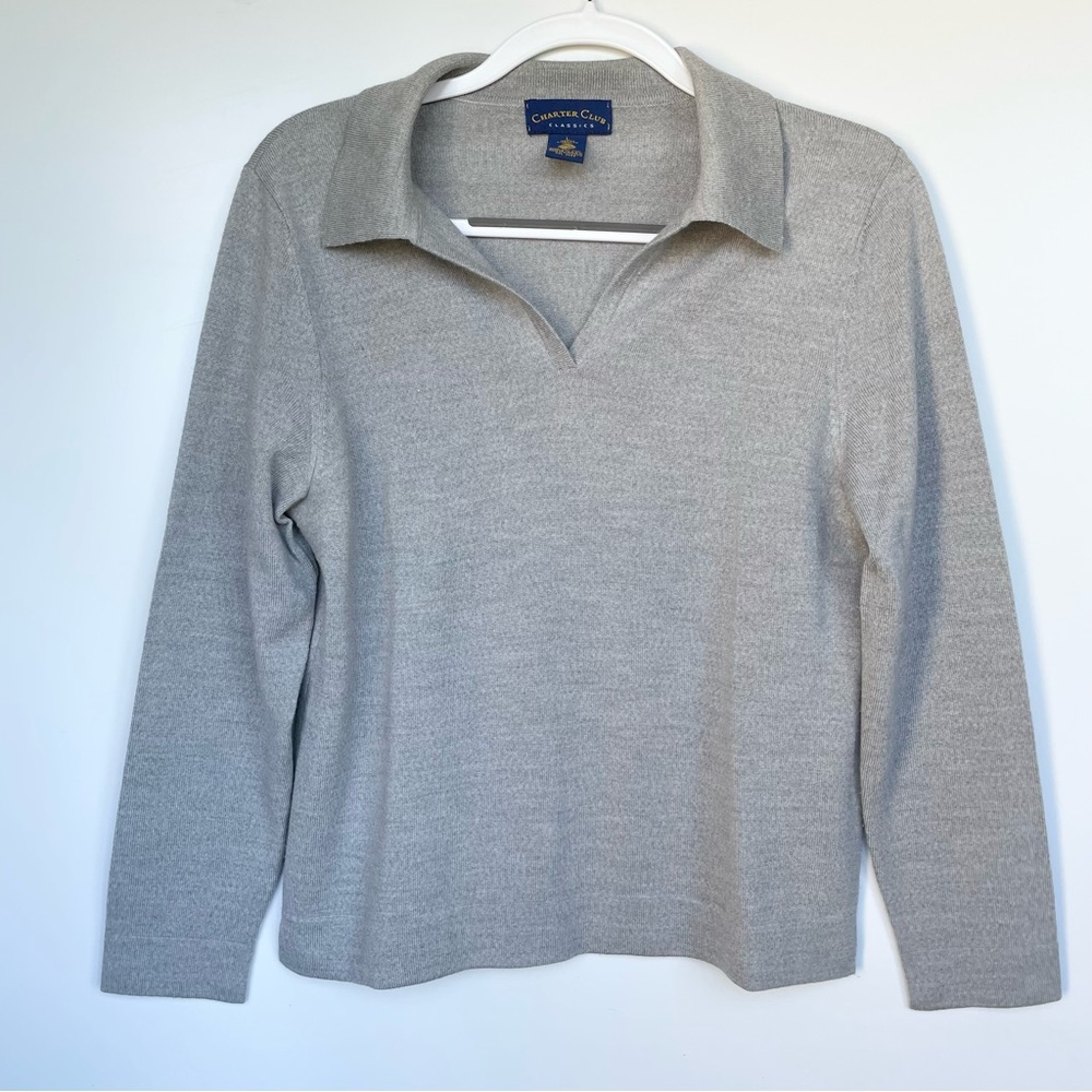 Charter Club Merino Wool Gray Open Collared Sweater Womens Large